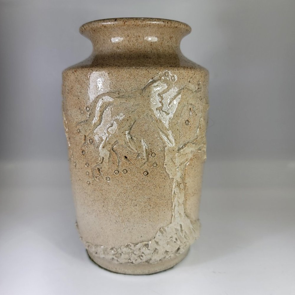 Handmade Vase Stoneware Ceramic Tree Design Tan Sand Color Glazed Japandi 7"